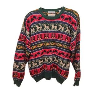 Vtg 80s 90s Northern Isles Hand Embroidered Equestrian Derby Stripe Sweater Sz L